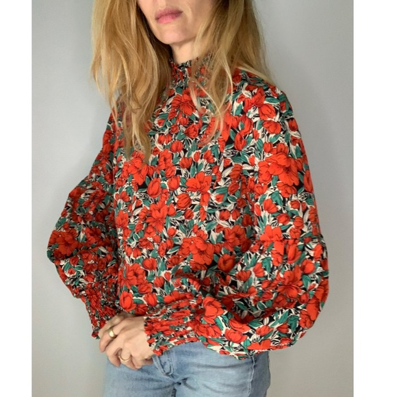 Vintage Floral Rose Cropped Puff Sleeve 70s Style Statement Party Blouse - Picture 15 of 15